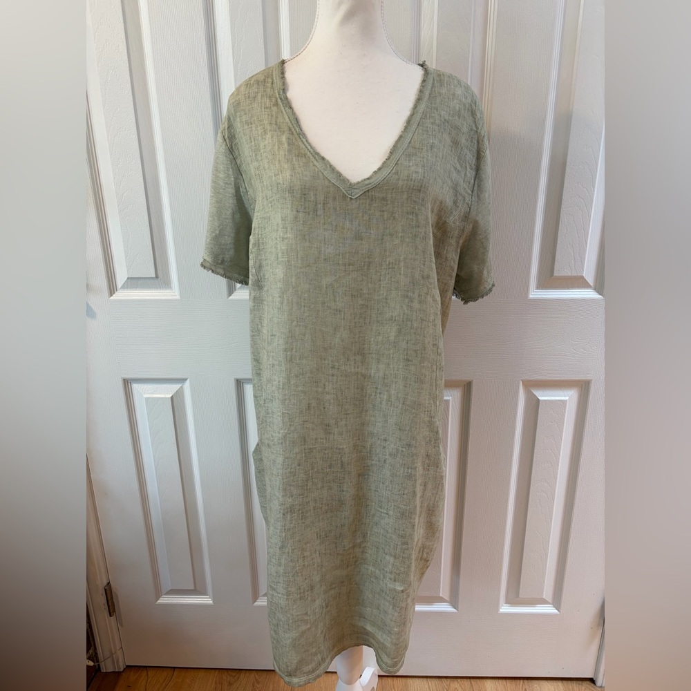 Gigi Moda Light Olive Short Sleeve Linen/Cotton V-Neck Dress Size OS
